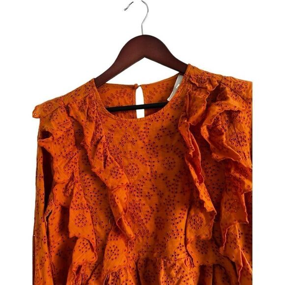 The GREAT. Eyelet Ruffle Flutter 3/4 Sleeve Top  Spice Orange Size 2 M Peasant - Picture 7 of 15